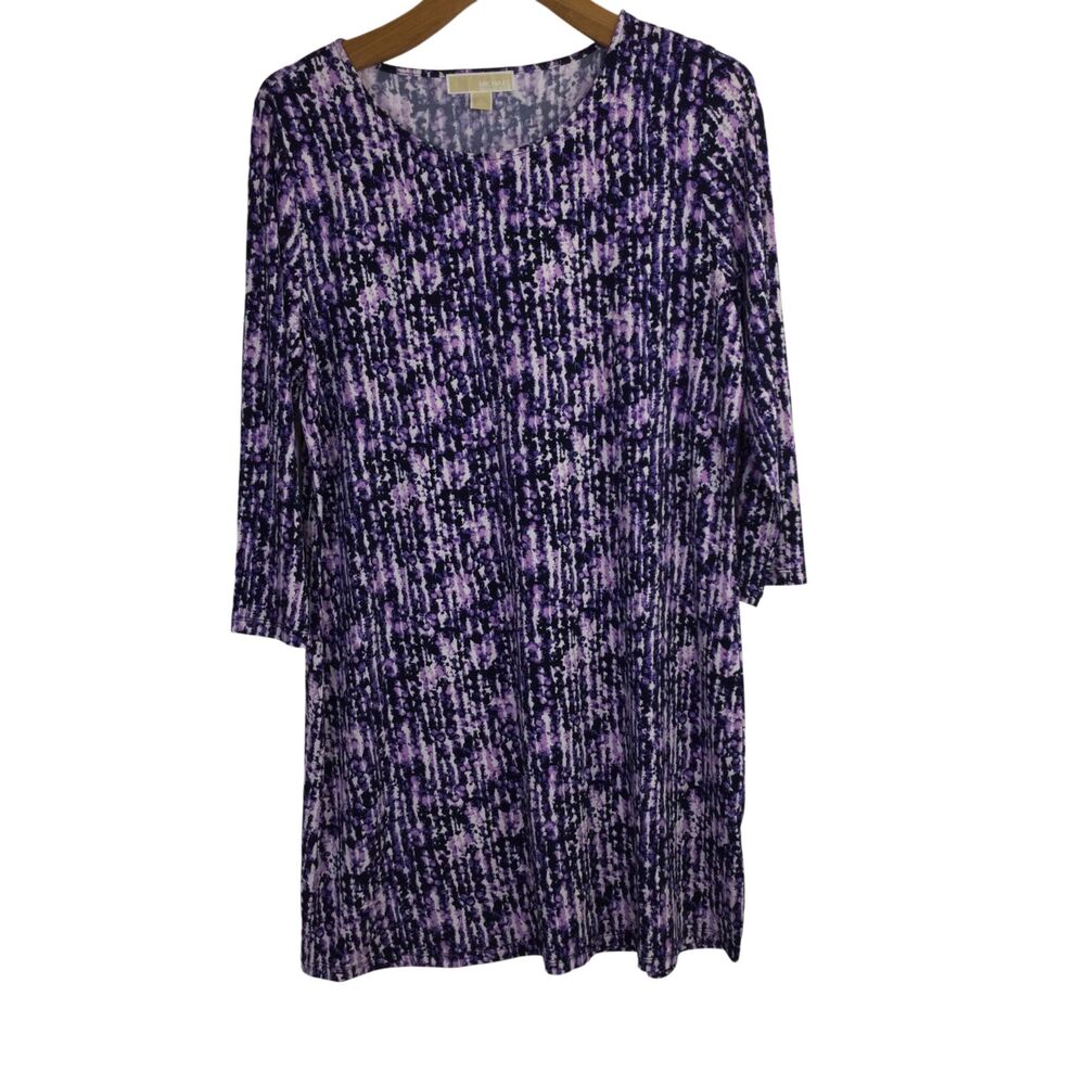 Michael Kors Womens Midi Dress Round-Neck 3/4 Sleeves Striped Purple Size XL